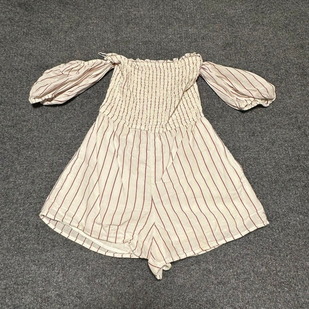 Abercrombie & Fitch Off-the-Shoulder Smocked Striped Romper White Red XSP